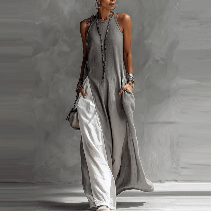 Sleeveless Crew Neck Color Block Panel Maxi Dress
