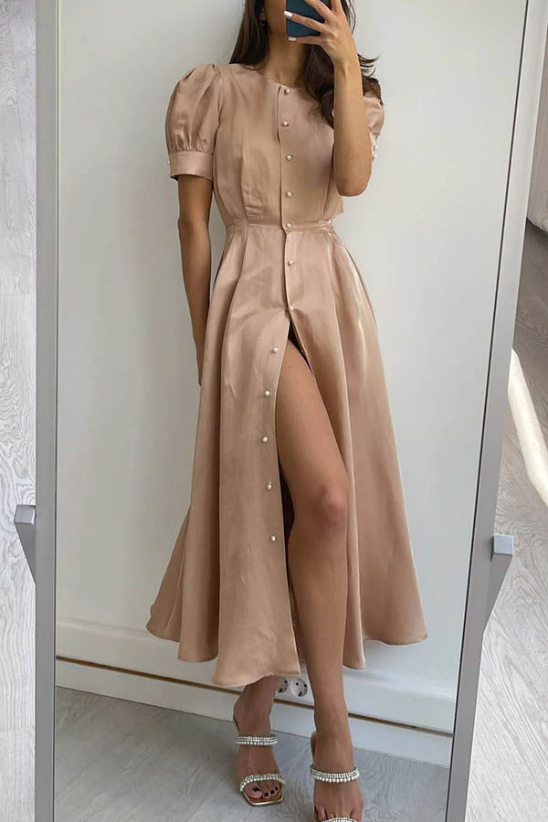 Satin Puff Sleeve Faux Pearl Button Front Split A-Line Midi Dress