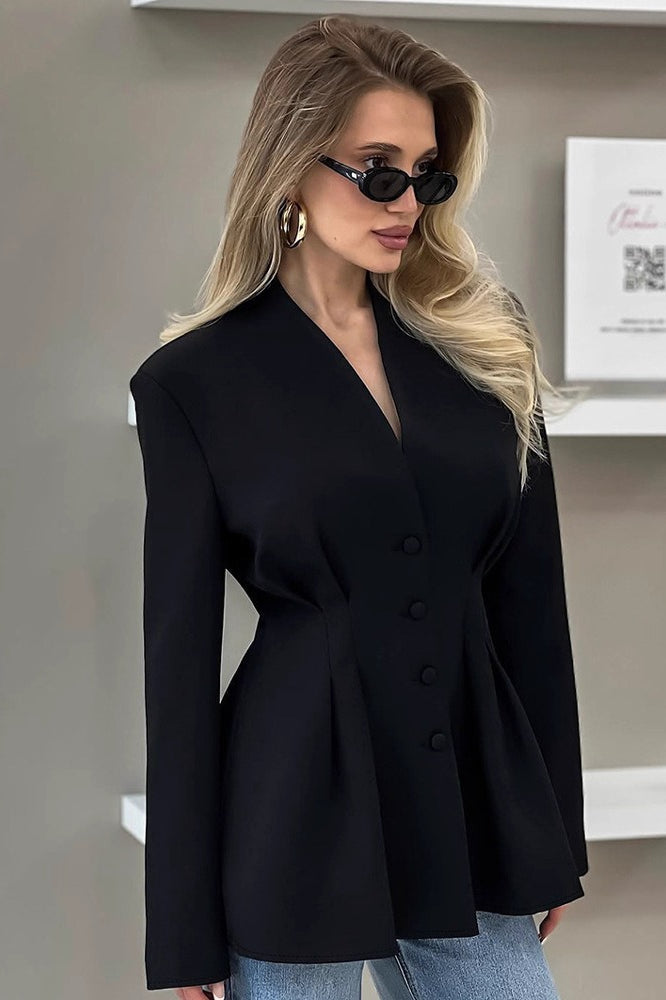 Collarless V-Neck Button Front Pleated Cinched Waist Blazer 3