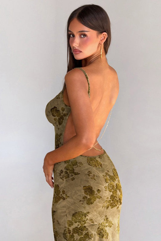 Tie Dye Backless Chain Patchwork Slim Long Floral Dress