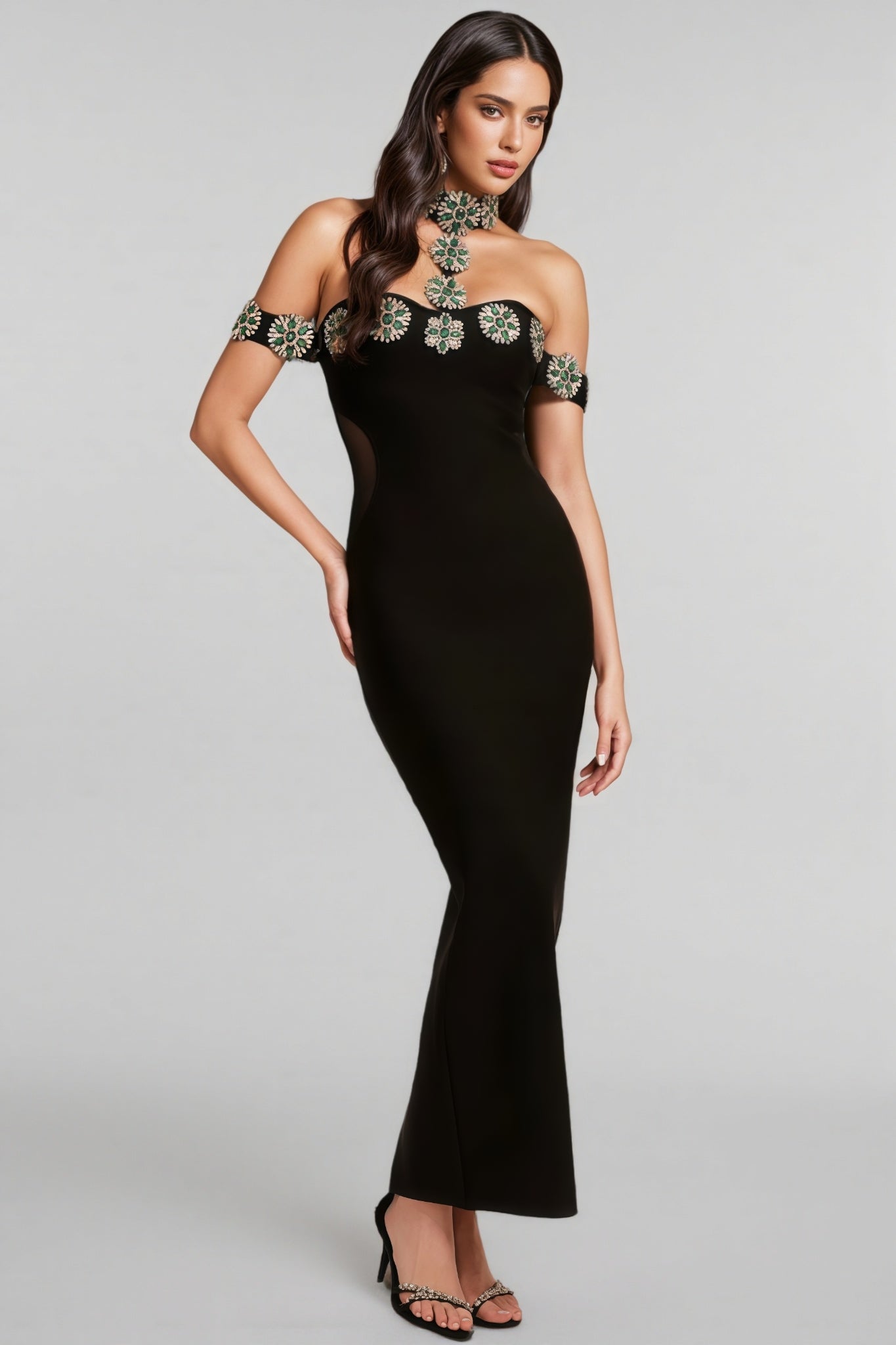 Crystal Embellished Off Shoulder Choker Neck Mesh Cut Out Bodycon Bandage Maxi Gown