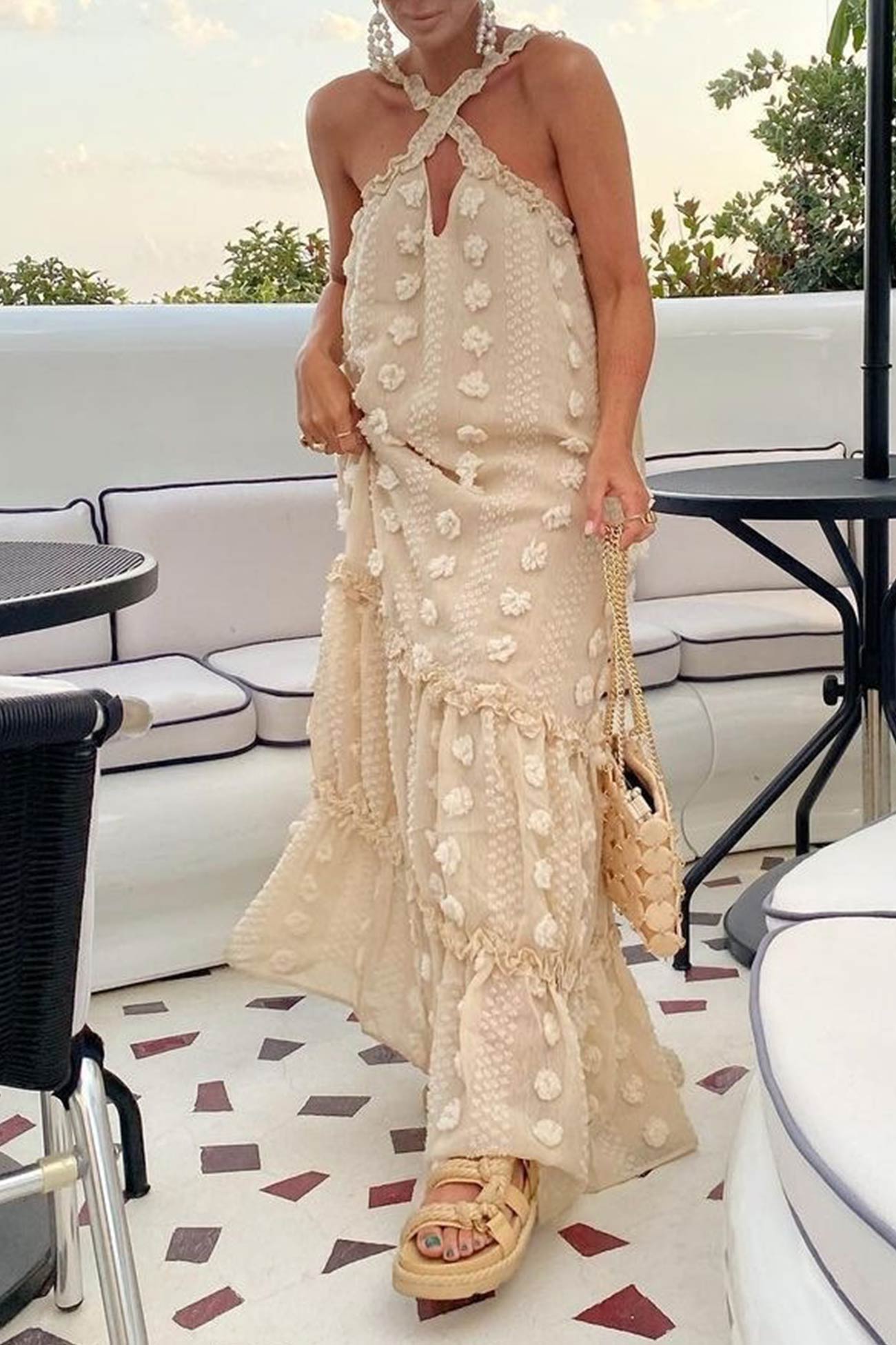Appliqué Halter Neck Keyhole Tiered Maxi Dress 7