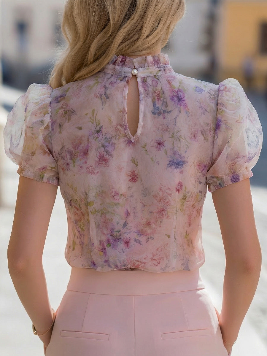Floral Puff Sleeve Tie Neck Chiffon Blouse