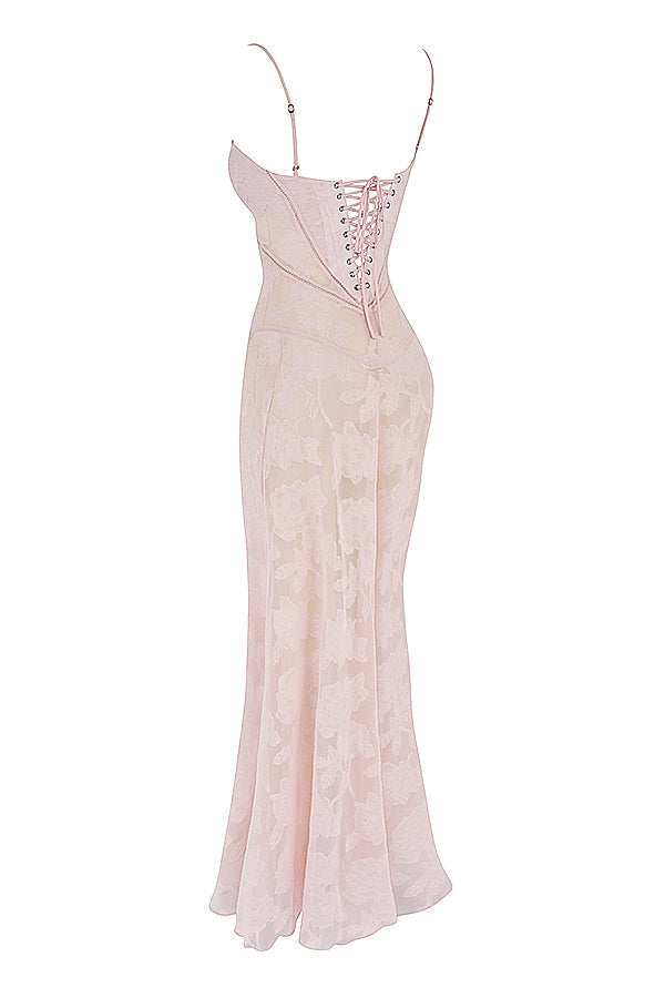 Floral Lace Spaghetti Strap Corset Bodice Sheer Mesh Maxi Gown