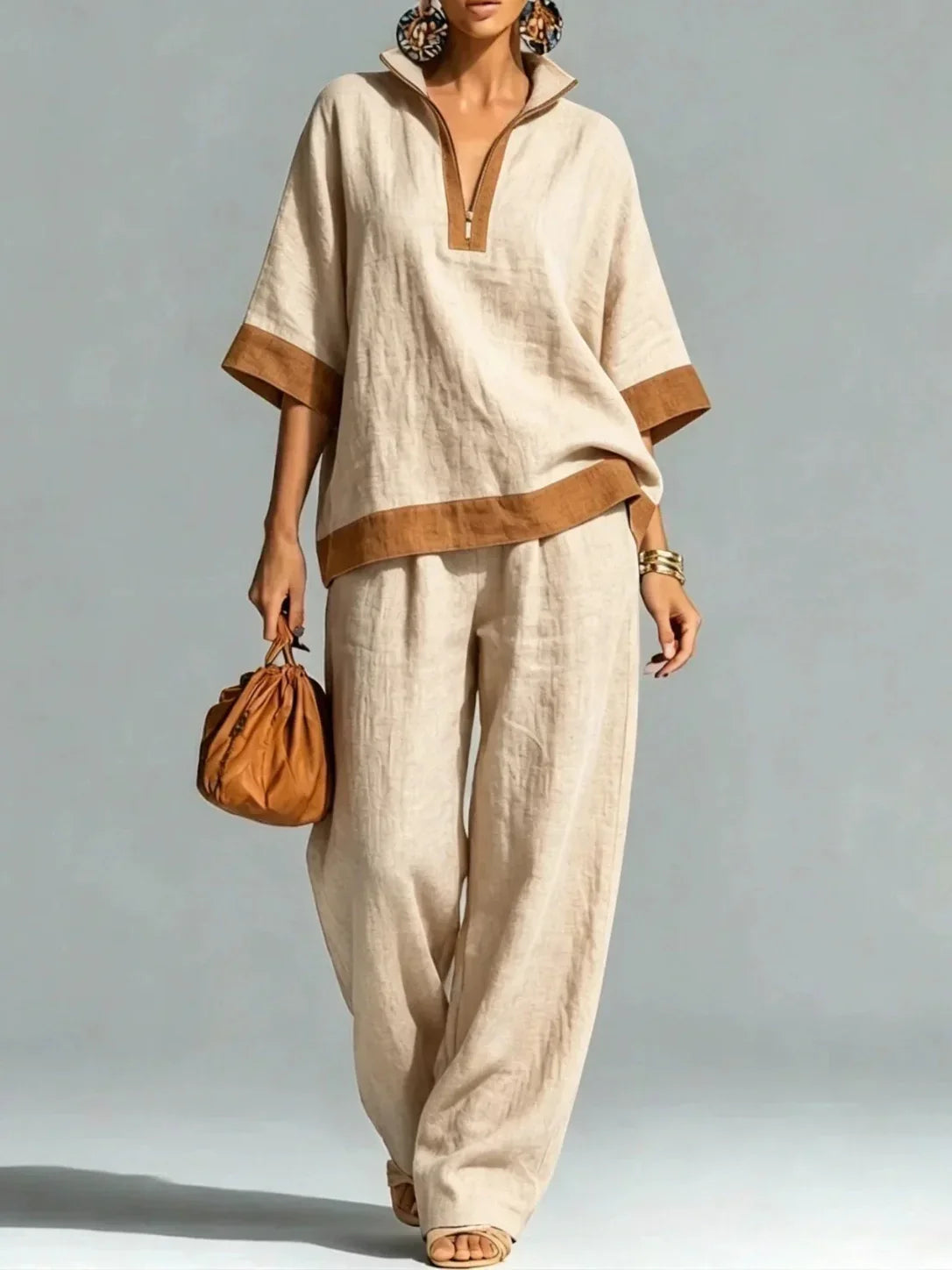 Quarter Zip Collared Contrast Trim Top and Wide Leg Pants Two Piece Set