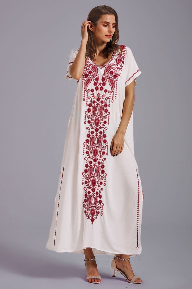 Embroidered V-Neck Short Sleeve Kaftan Maxi Dress 24