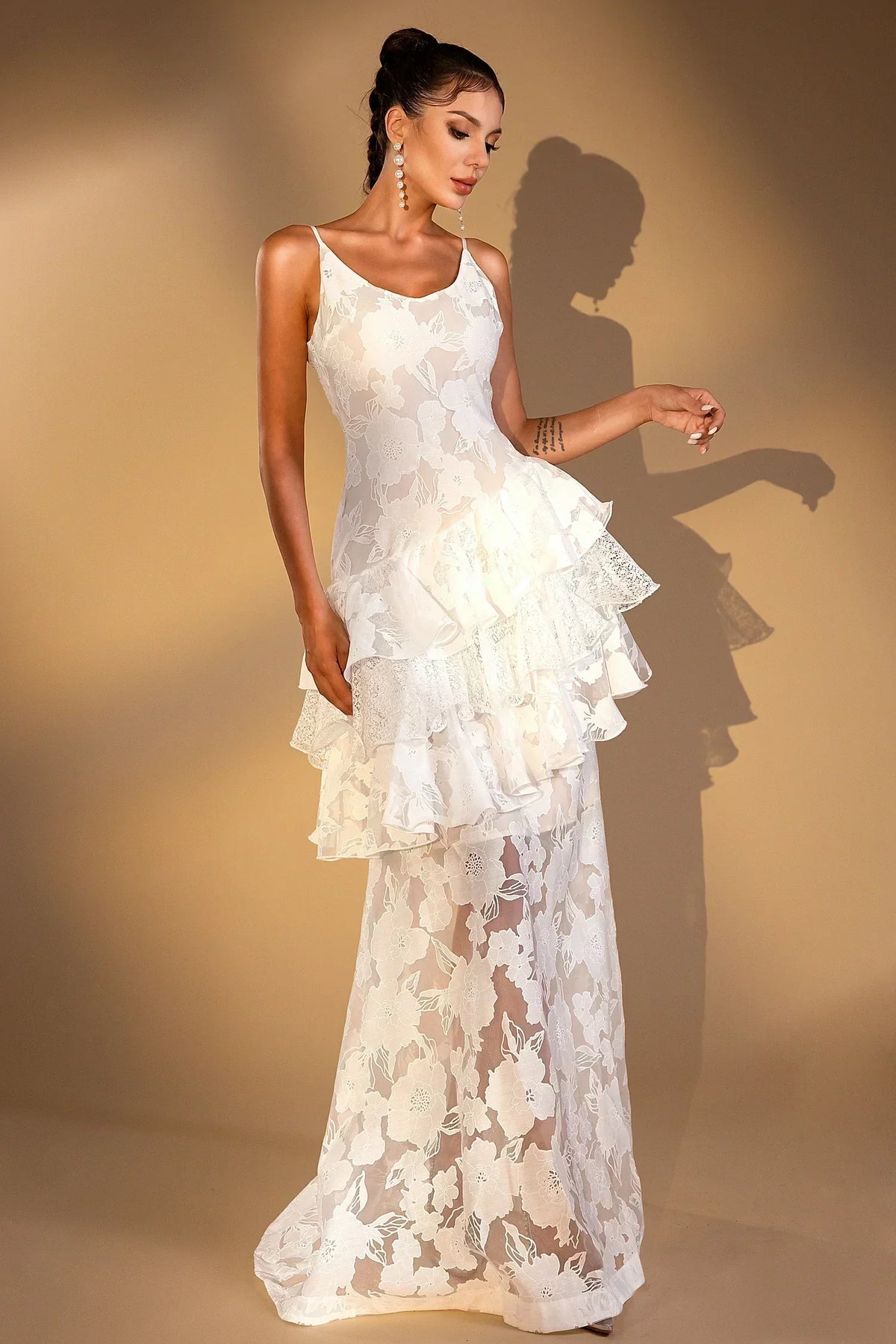 Sheer Floral Jacquard Tiered Ruffle Rosette Detail Maxi Dress 2