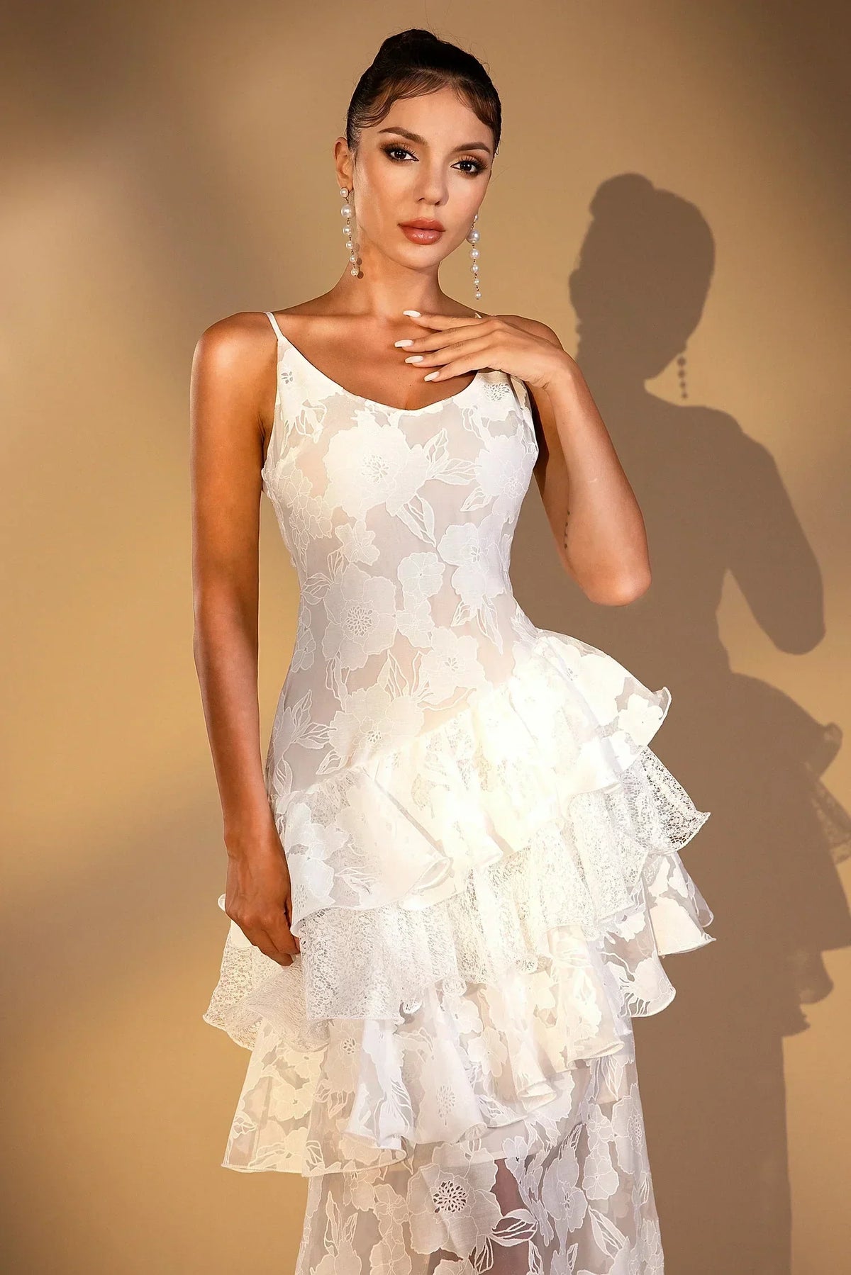 Sheer Floral Jacquard Tiered Ruffle Rosette Detail Maxi Dress 4