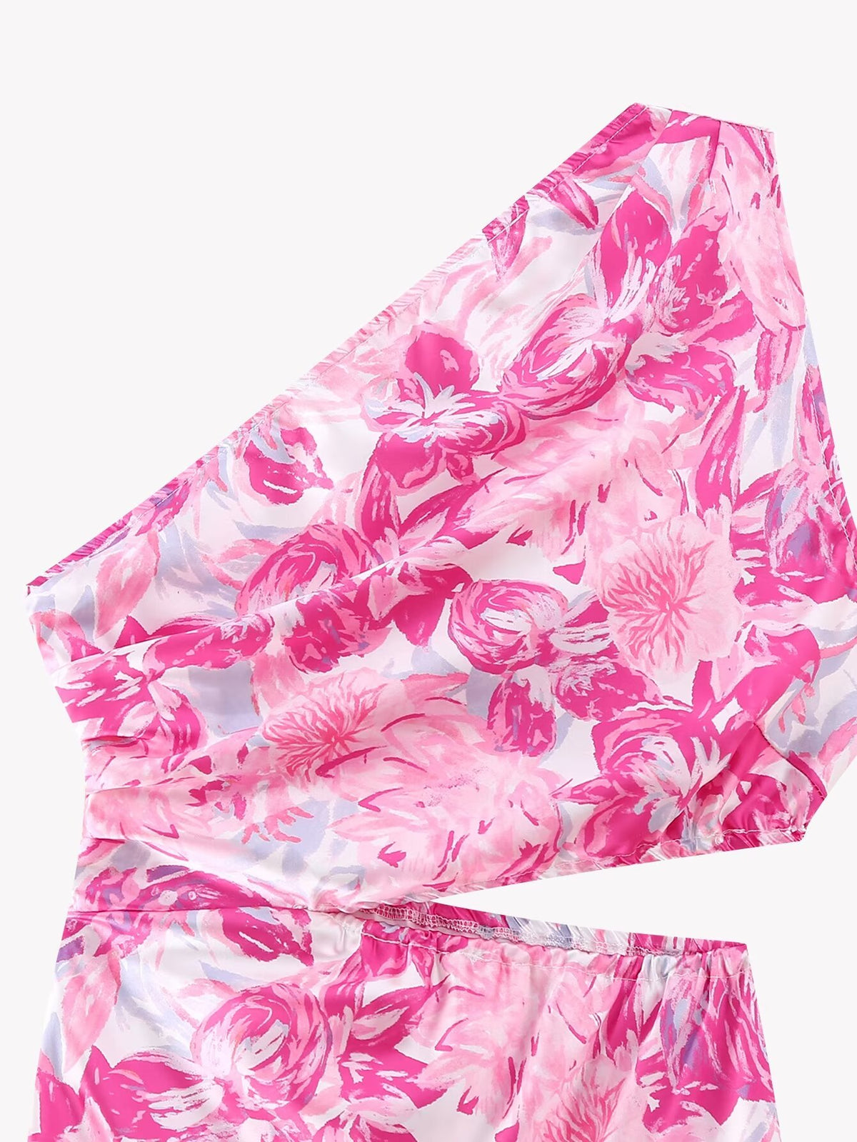 Floral Print Satin One Shoulder Waist Cut Out Split Midi Dress 3