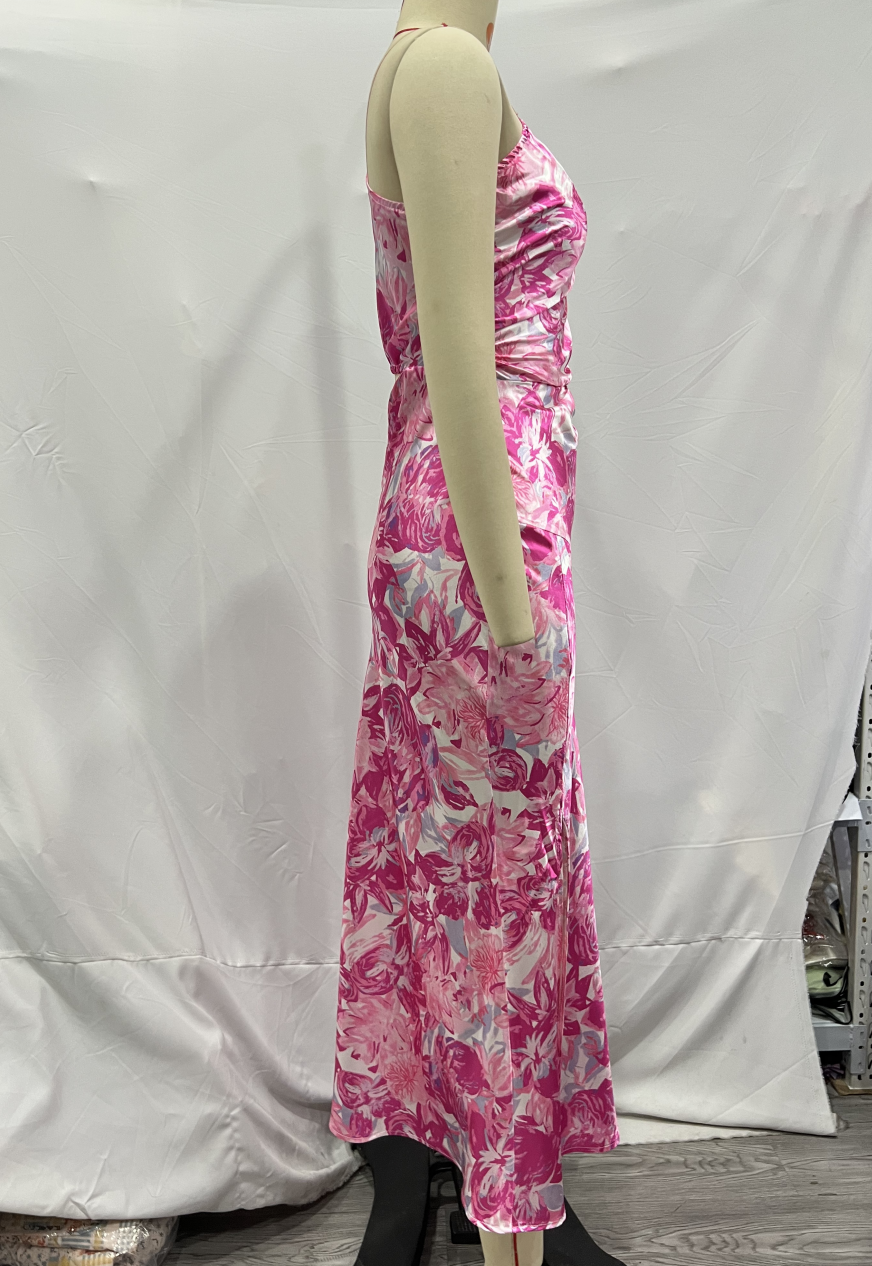 Floral Print Satin One Shoulder Waist Cut Out Split Midi Dress 14