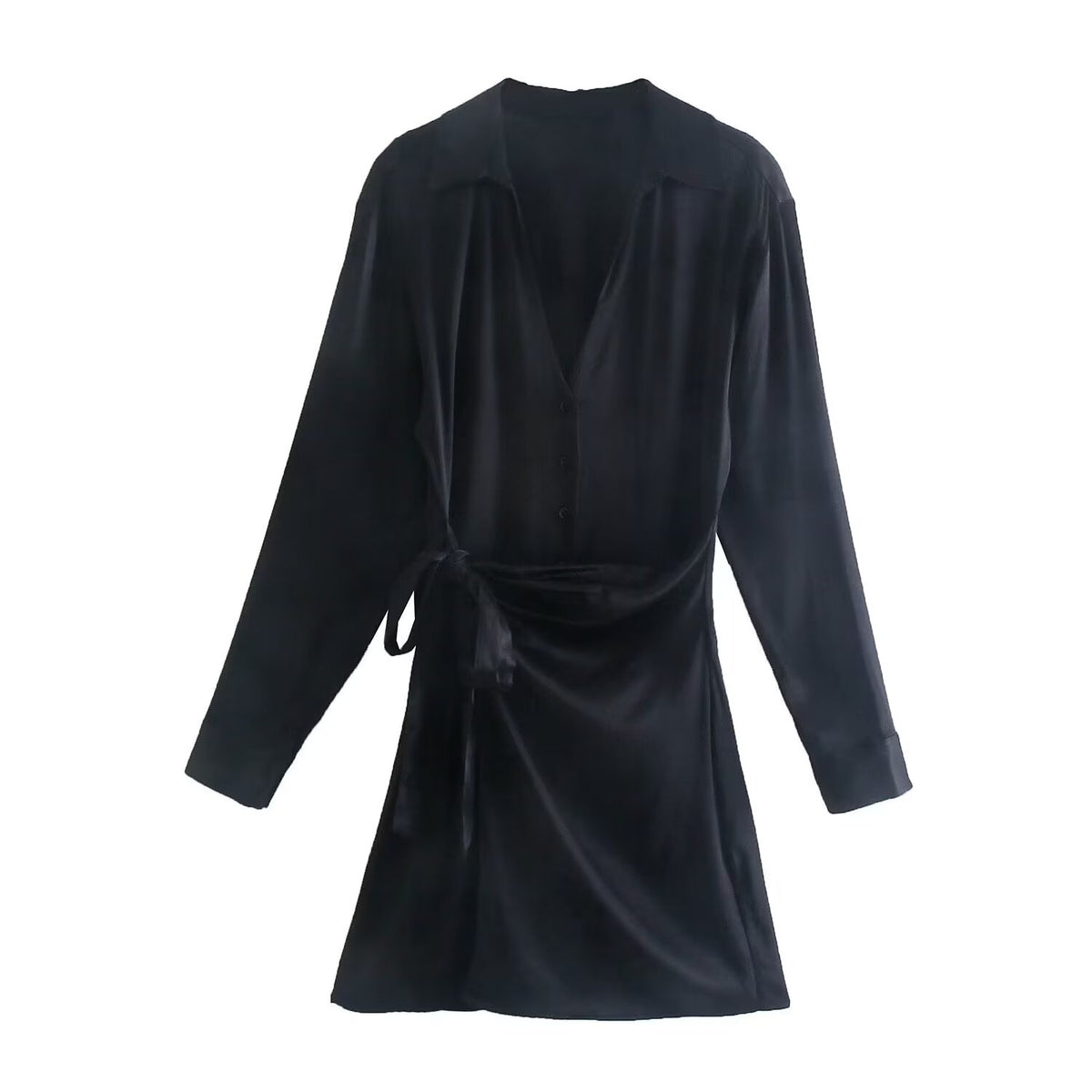 Satin Collared V-Neck Long Sleeve Button Front Tie Waist Shirt Dress 4