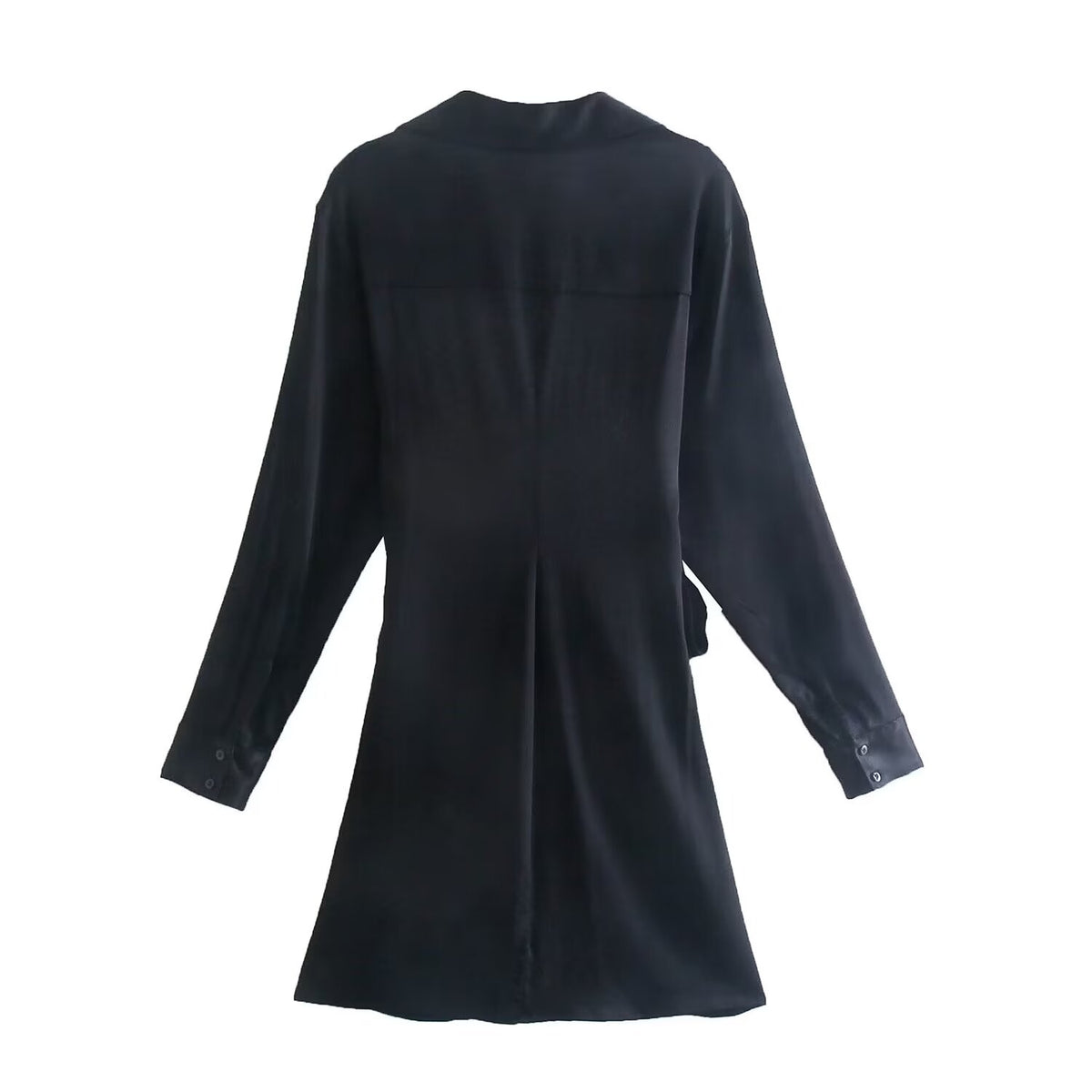 Satin Collared V-Neck Long Sleeve Button Front Tie Waist Shirt Dress 3
