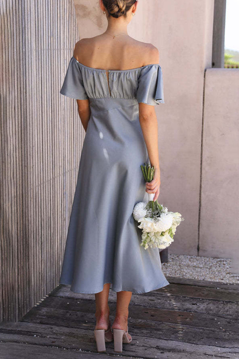 Satin Off Shoulder Sweetheart Ruched Bust Flutter Sleeve Side Slit Midi Dress