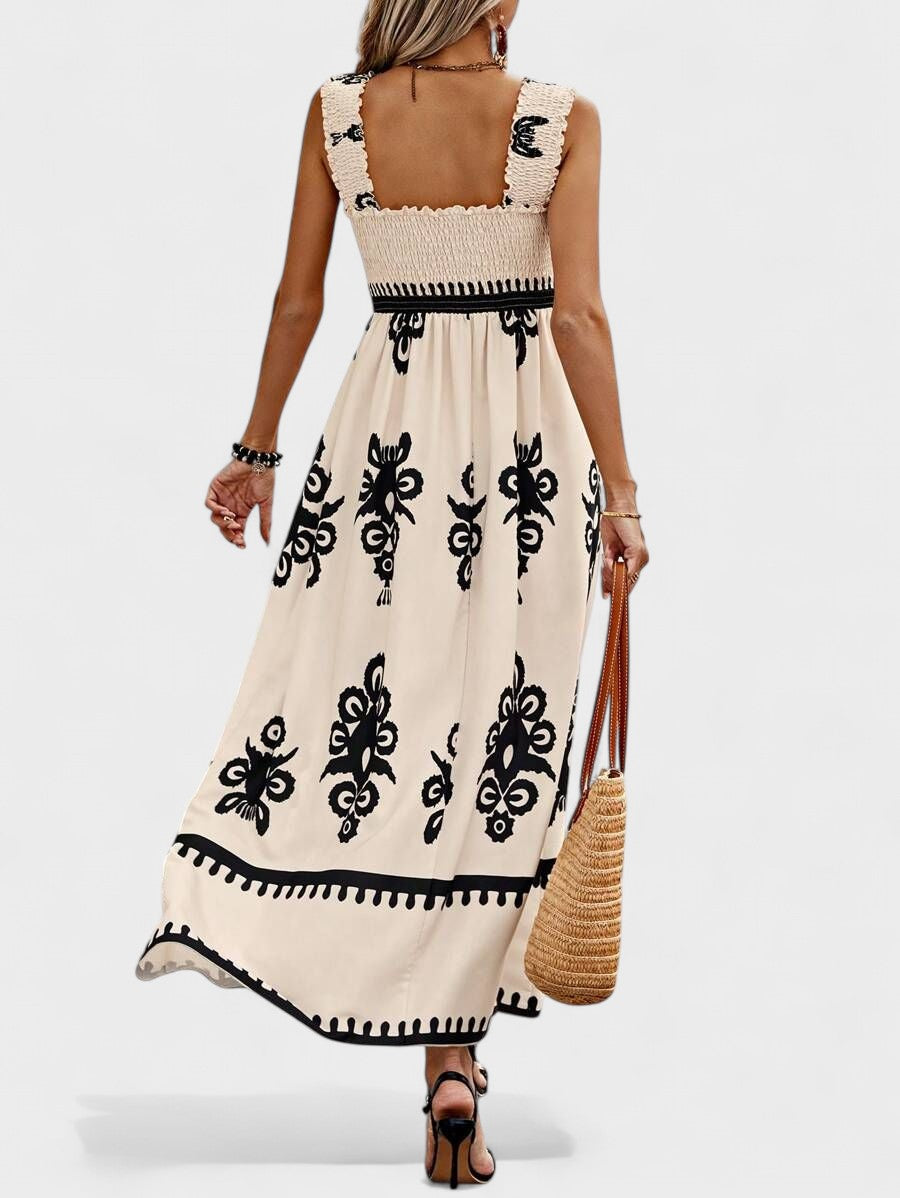 Floral Print Smocked Square Neck Sleeveless High Split Maxi Dress