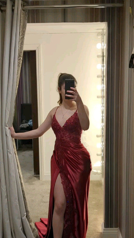 dark red prom dress with slit Evening Dresses