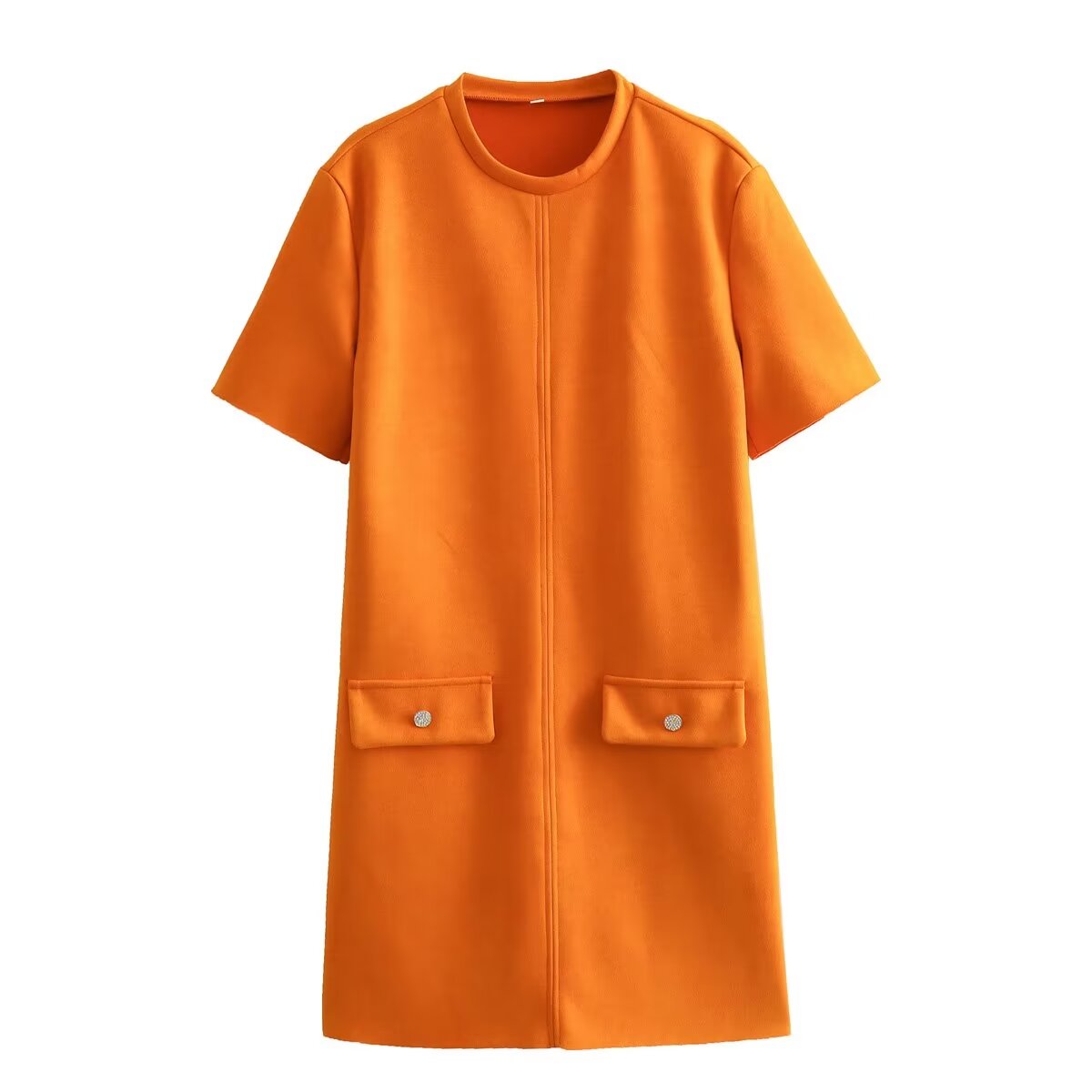 Suede-Look Crew Neck Short Sleeve Flap Pocket Shift Mini Dress 2