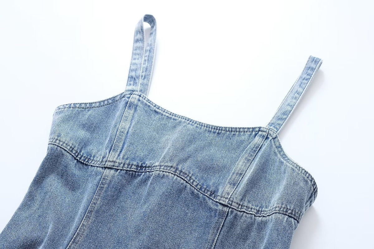 Women Clothing French Casual Pleated Washed Denim Dress Chic