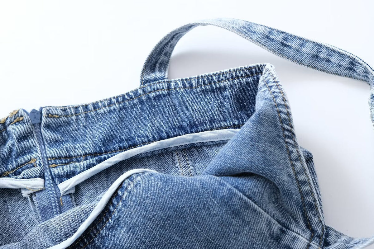 Women Clothing French Casual Pleated Washed Denim Dress Chic