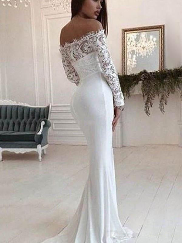 Autumn Off Shoulder Lace Long Sleeve Mop Wedding Dress - View 2