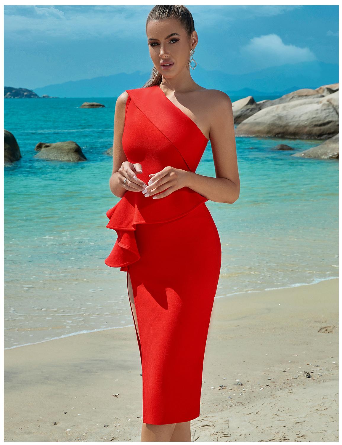One Shoulder Peplum Ruffle High Split Bandage Midi Dress