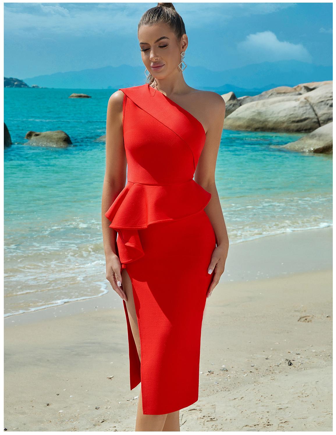 One Shoulder Peplum Ruffle High Split Bandage Midi Dress
