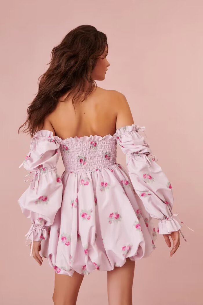 Spring Casual Holiday Floral Print Puff Sleeve Bow Tie Elastic Princess Dress Puffy dress
