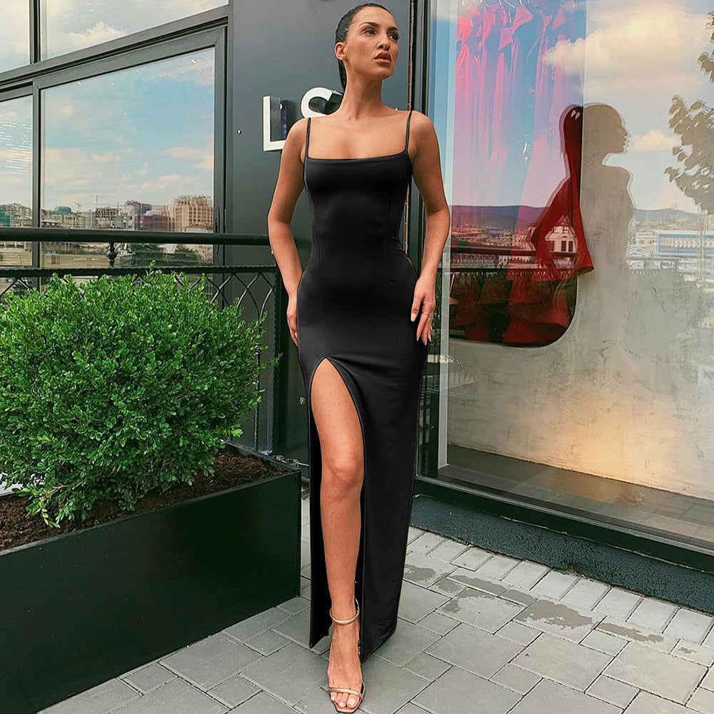 Square Neck Spaghetti Strap High Split Bodycon Maxi Dress