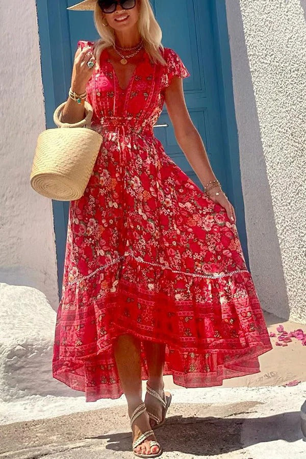 Boutique Oriana Summer in Greece Boho Print, Ruffle Sleeves, Elastic Waist, High Low Midi Dress Premium Wardrobe Essential