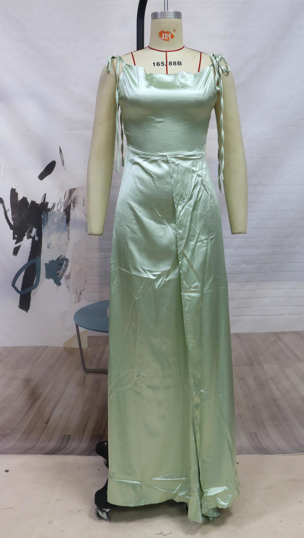 Satin Cowl Neck Tie Bow Shoulder Pleated High Split Maxi Gown