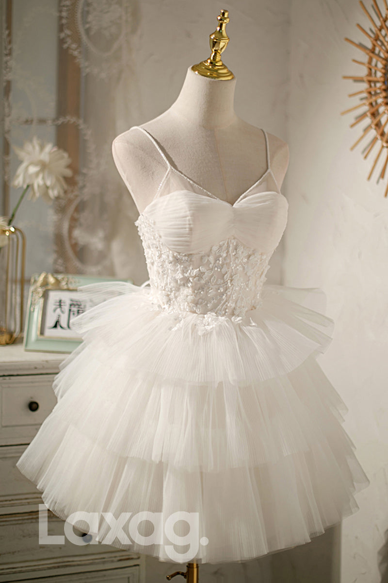 12187 - Spaghetti Straps Appliques Ruffles Cute Homecoming Dress