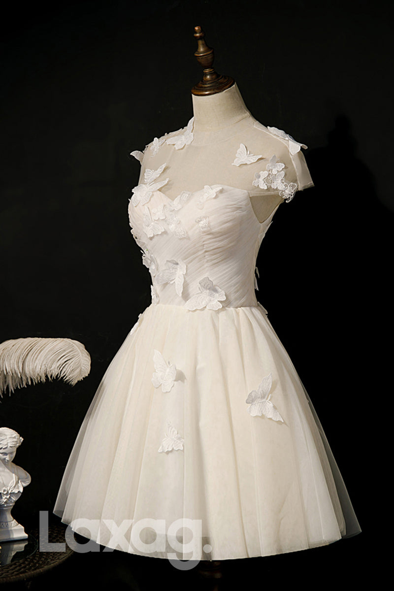 12189 - Illusione Neckline Butterfly Ivory Homecoming Dress