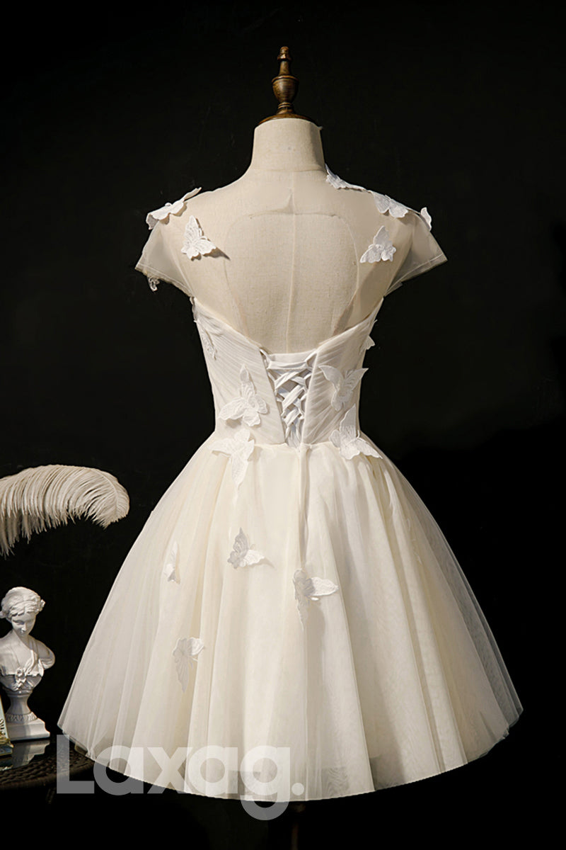 12189 - Illusione Neckline Butterfly Ivory Homecoming Dress