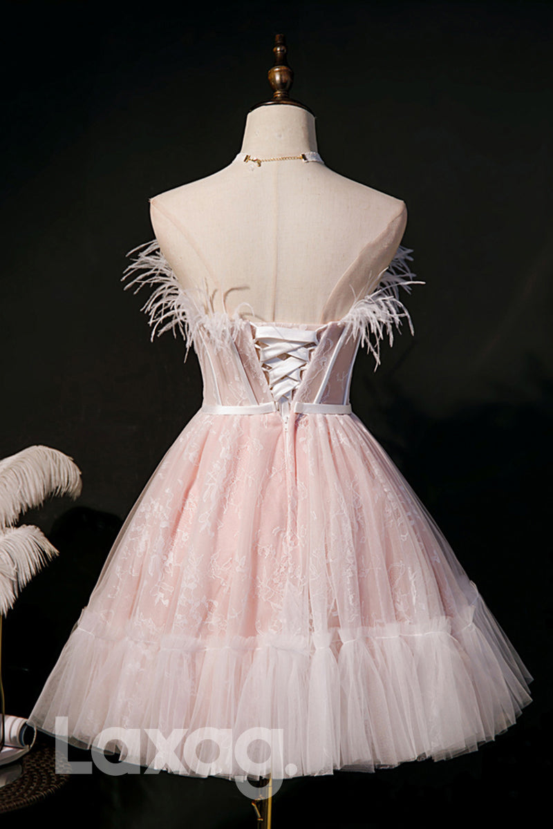 12190 - Strapless Feathers Pink Cute Homecoming Dress