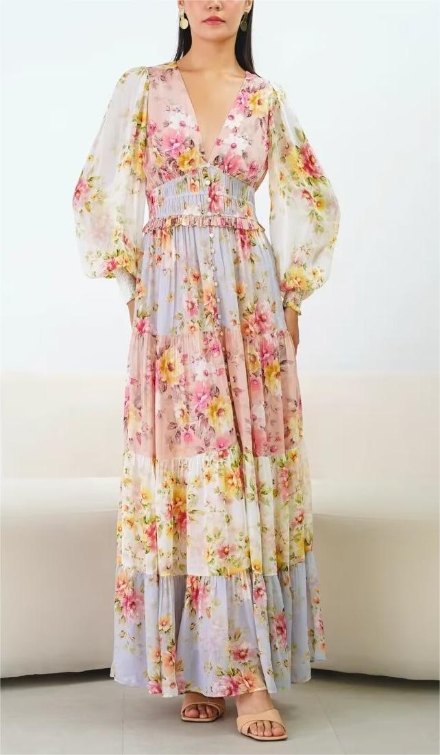 Floral Print V-Neck Balloon Sleeve Smocked Waist Tiered Maxi Dress