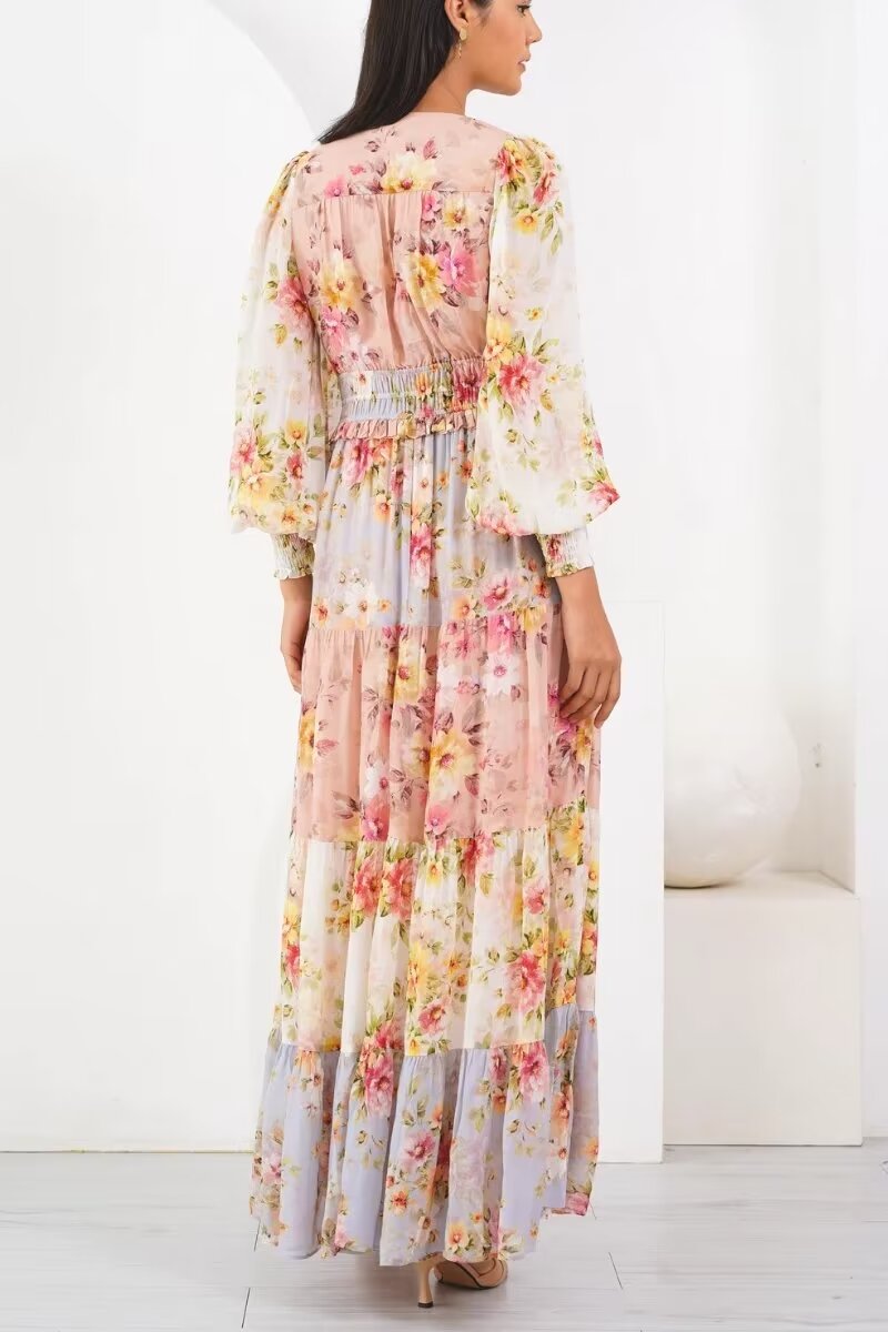 Fairy Dress Vacation V neck Lantern Sleeve Color Printing Stitching Dress Maxi Dres