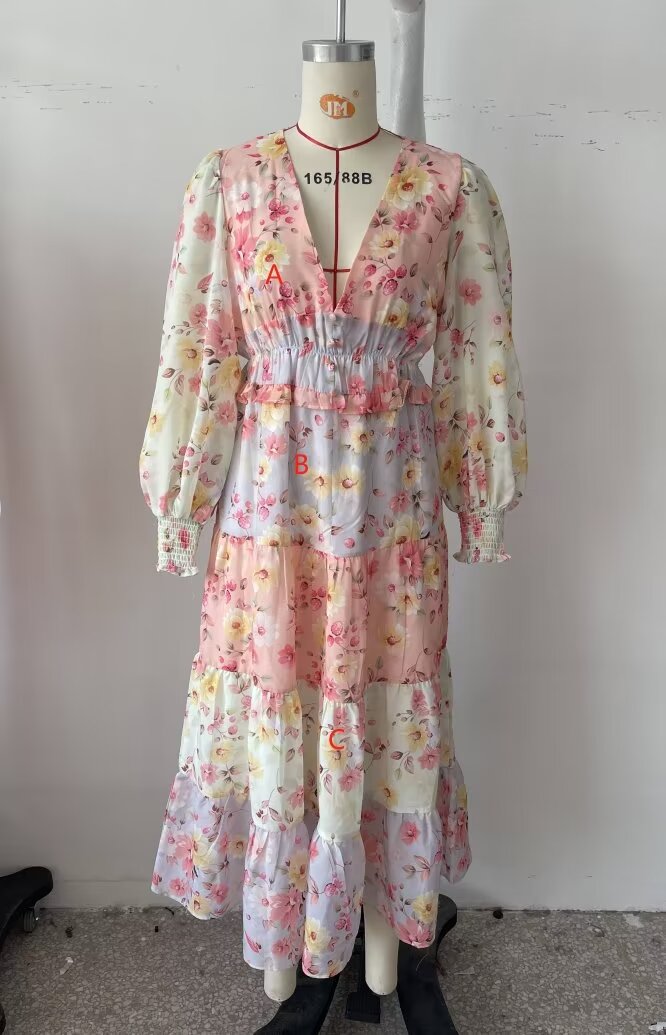 Floral Print V-Neck Balloon Sleeve Smocked Waist Tiered Maxi Dress 4