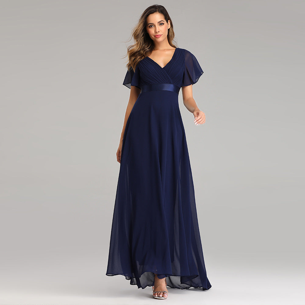 Chiffon V-Neck Flutter Sleeve Pleated A-Line Maxi Dress