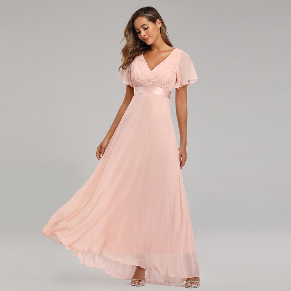 Chiffon V-Neck Flutter Sleeve Pleated A-Line Maxi Dress
