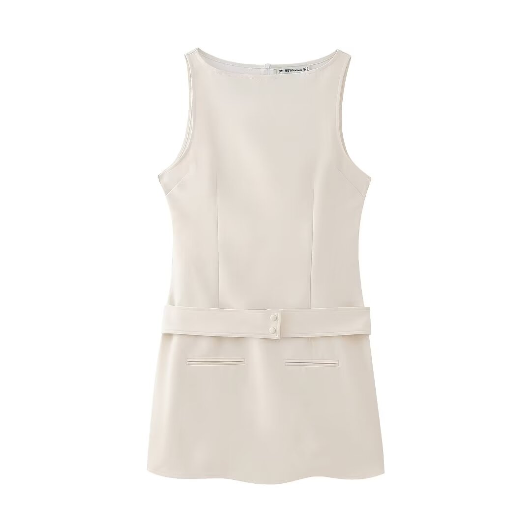 Boat Neck Sleeveless Belted Drop Waist Mini Dress with Pockets 3