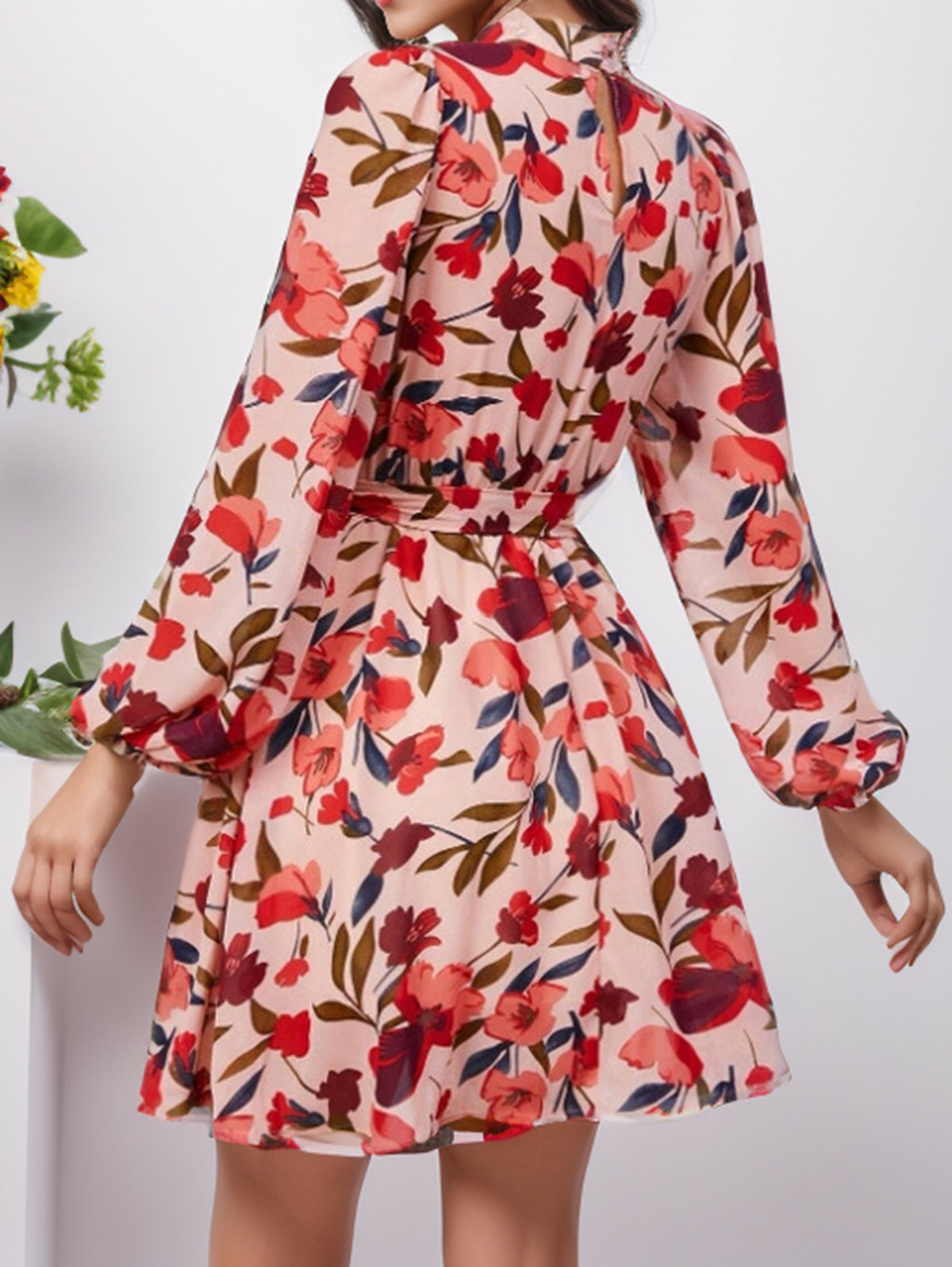 Women Spring And Autumn Printed Belt Button Long Sleeve Round Neck Dress