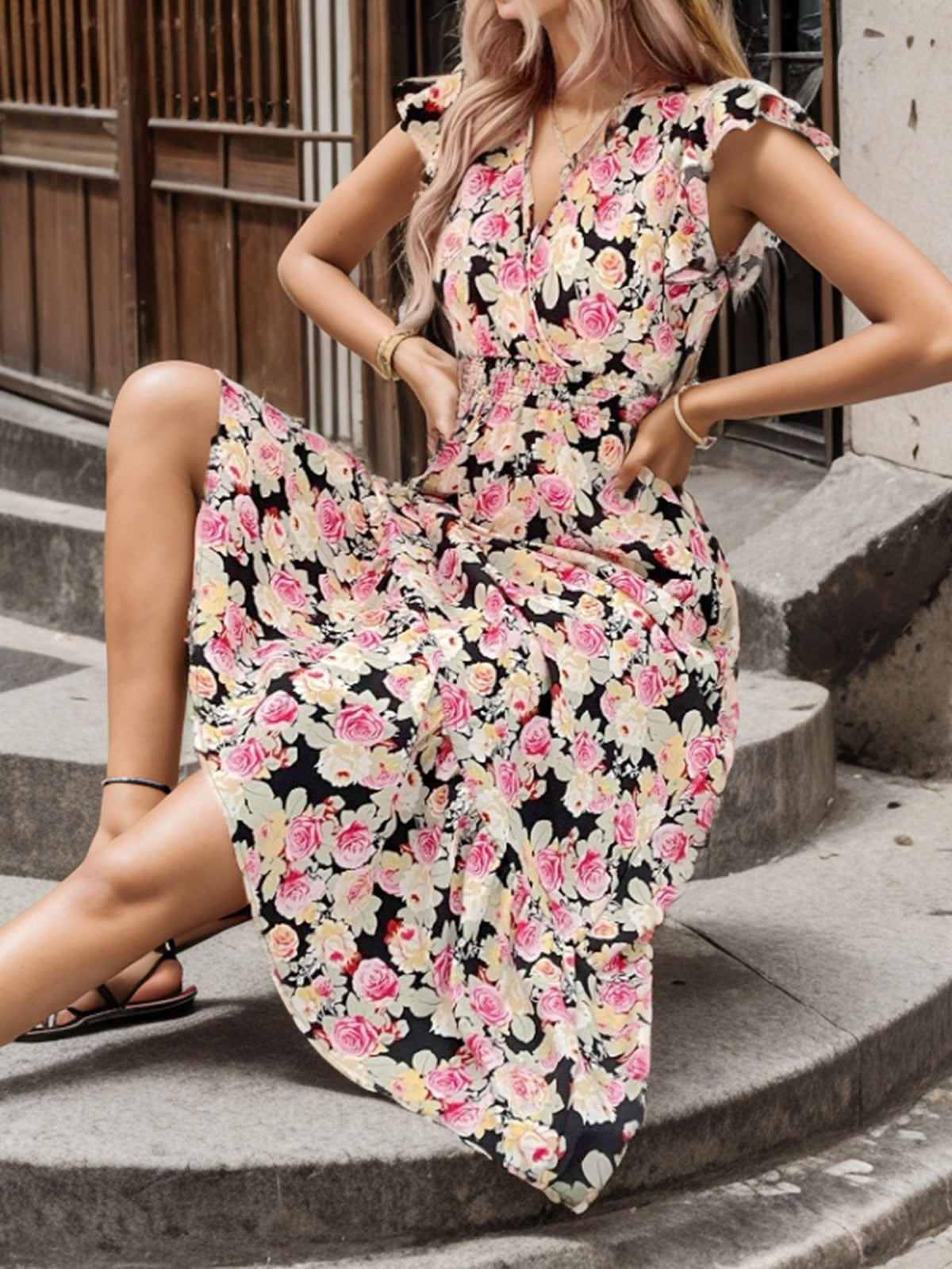Floral Print V-Neck Ruffle Cap Sleeve Smocked Waist Tiered Maxi Dress 6