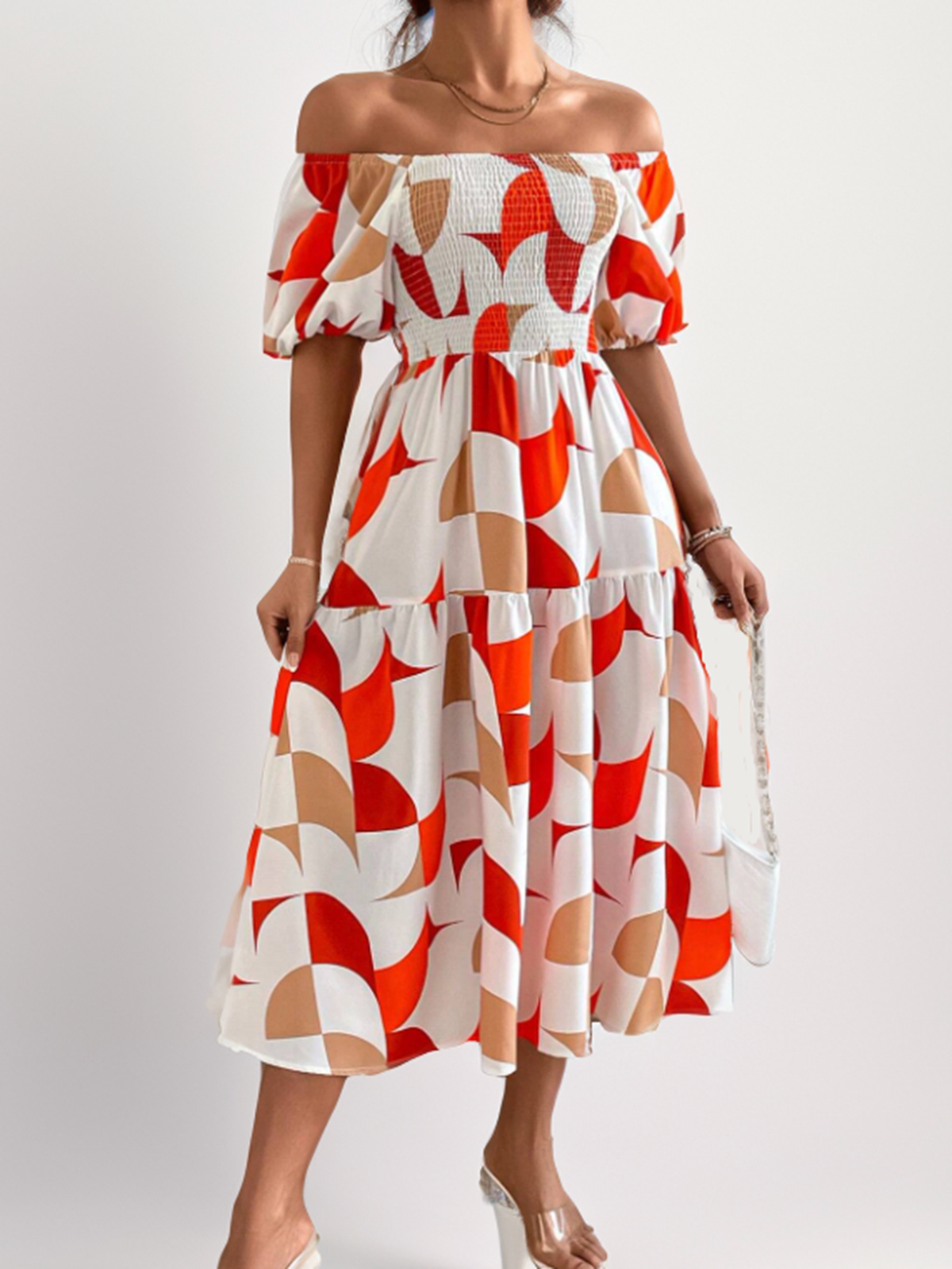 Women Summer Short Sleeve Off Shoulder Geometric Midi Dress