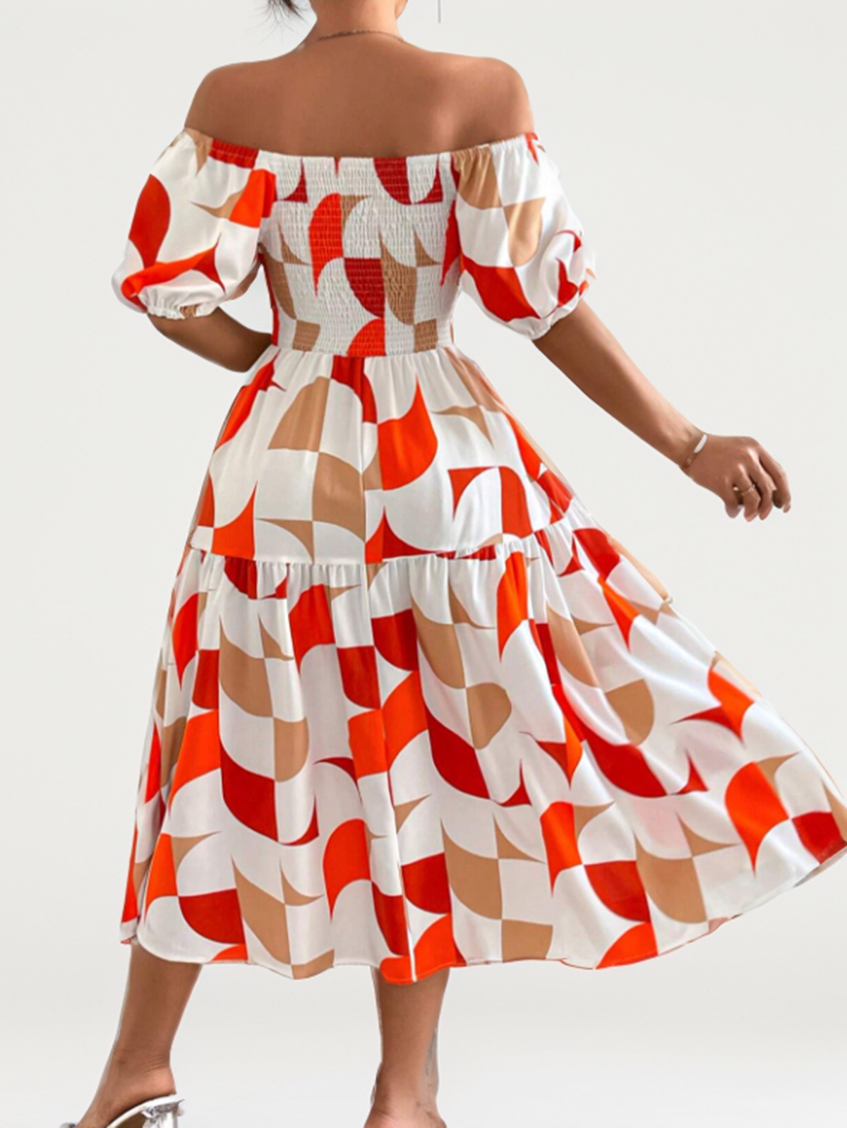 Women Summer Short Sleeve Off Shoulder Geometric Midi Dress
