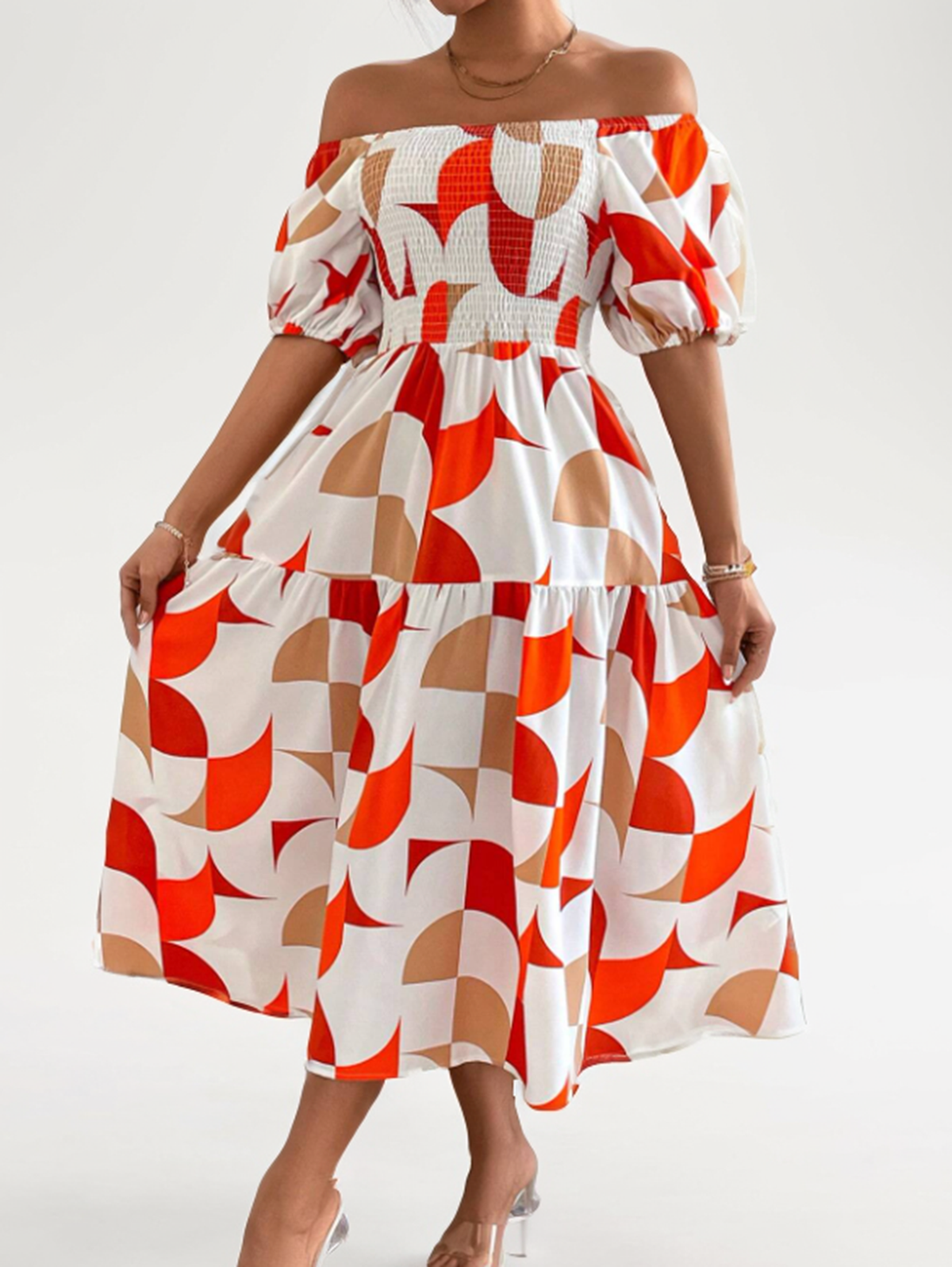 Women Summer Short Sleeve Off Shoulder Geometric Midi Dress