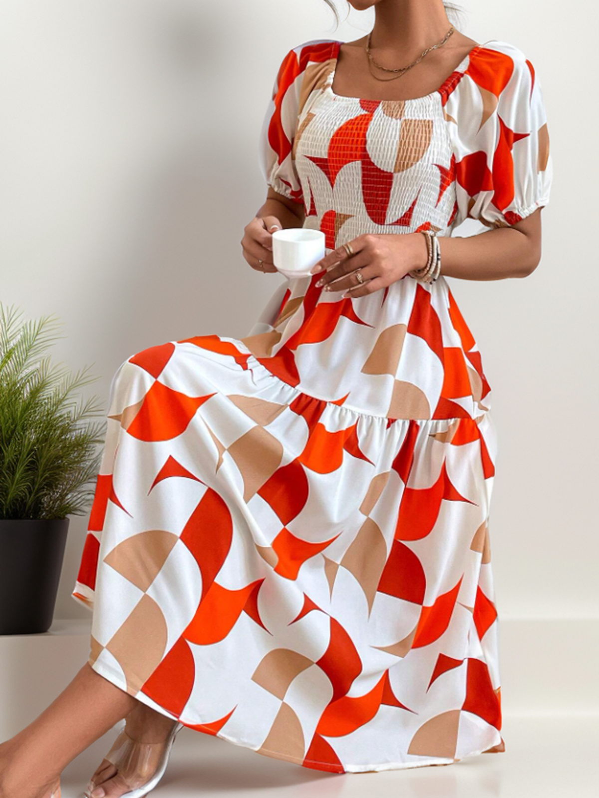 Women Summer Short Sleeve Off Shoulder Geometric Midi Dress