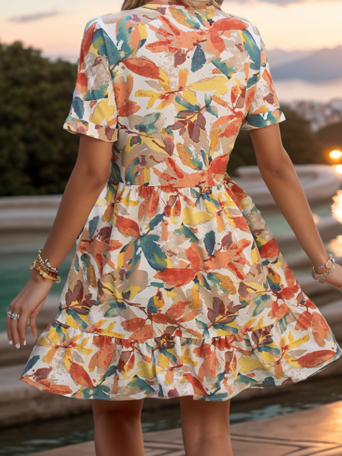 Floral Print V-Neck Short Sleeve Ruffle Hem A-Line Mini Dress 2