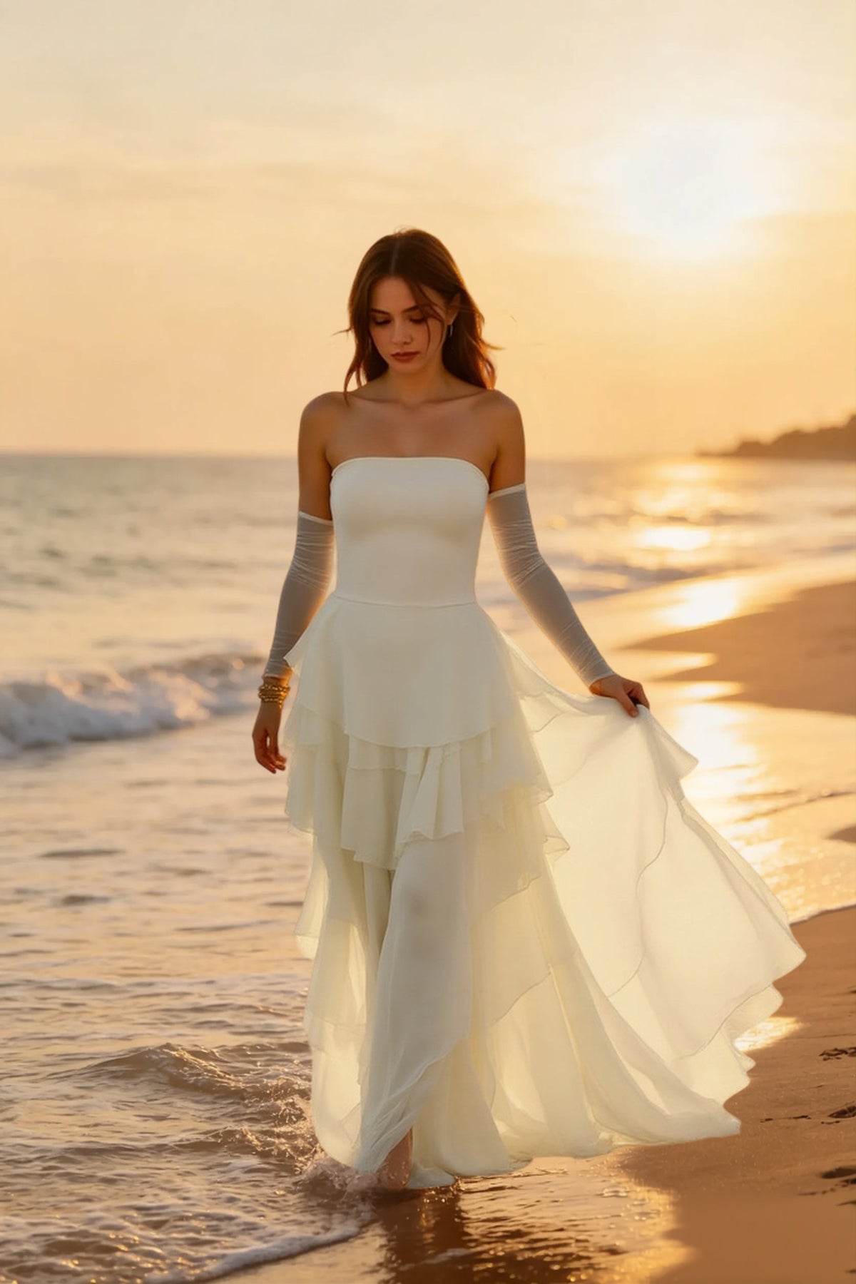 Strapless Tiered Ruffle Chiffon Detached Mesh Sleeve Maxi Dress