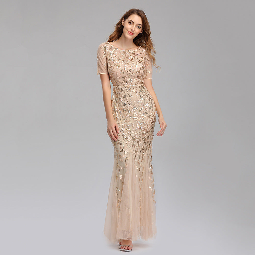 Sequin Round Neck Short Sleeve Mermaid Maxi Gown
