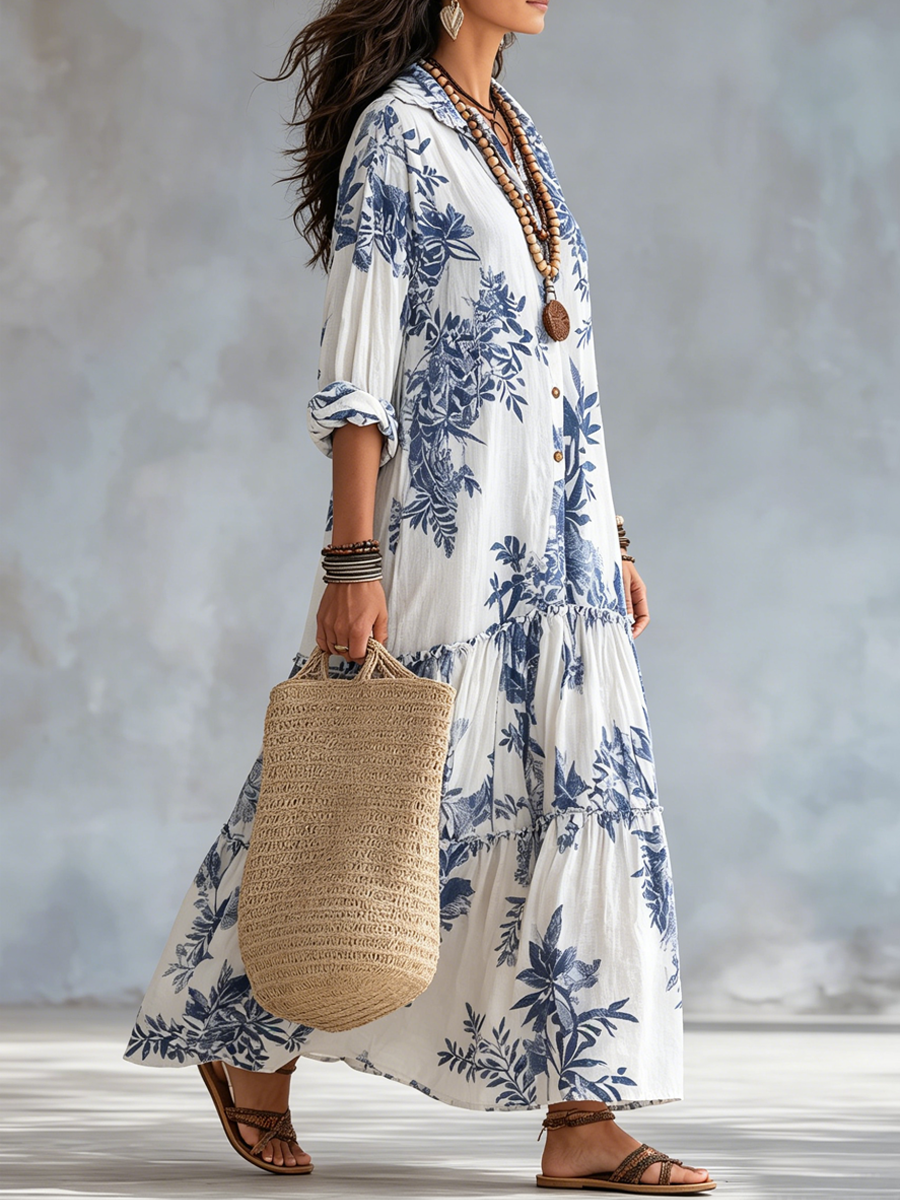 Floral Print Collared Button Front Tiered Maxi Shirt Dress