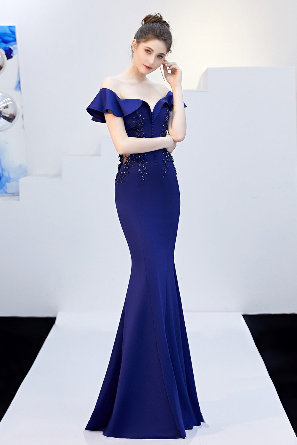 Off Shoulder Ruffle Beaded Mermaid Formal Gown